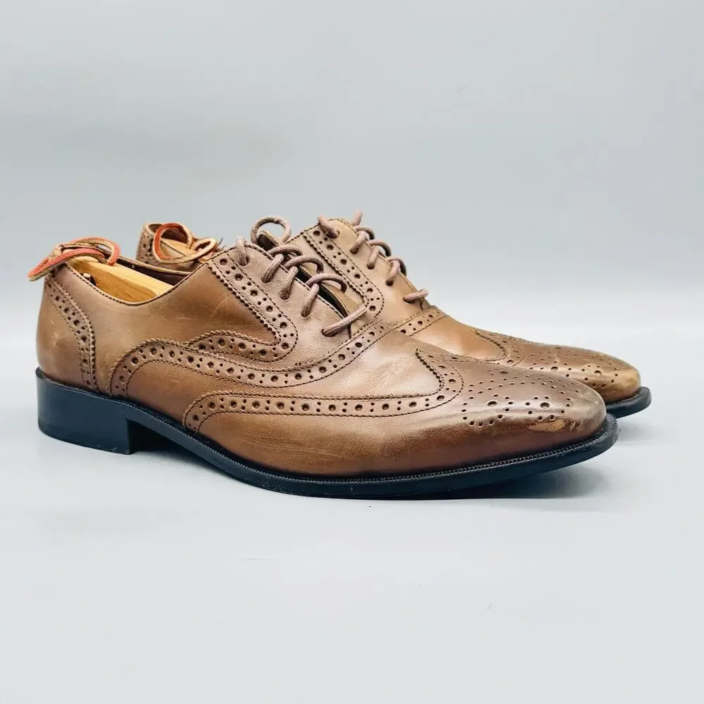 Donald J Pliner Shoes Mens 10 Brown Leather Gozar Wingtip Oxford Dress Brogue